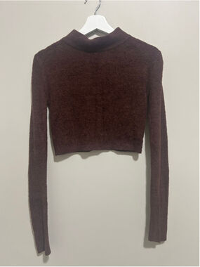 Brown Fuzzy Low Turtleneck Crop Sweater Size S